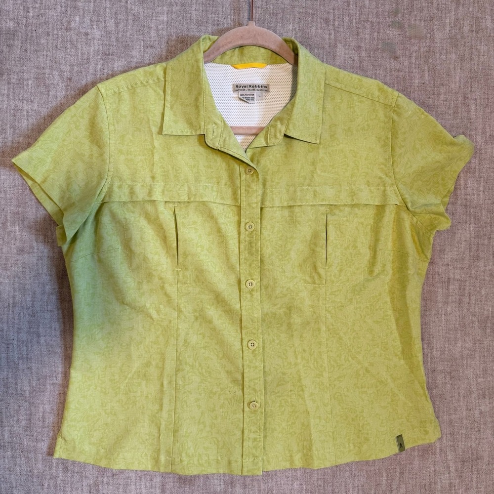 Royal Robbins Button Down Shirt L Green Short Sleeve Vented Hiking Travel Vtg